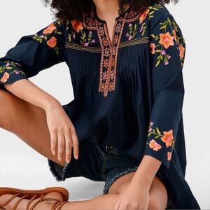 Floral Embroidered Navy Women's Top